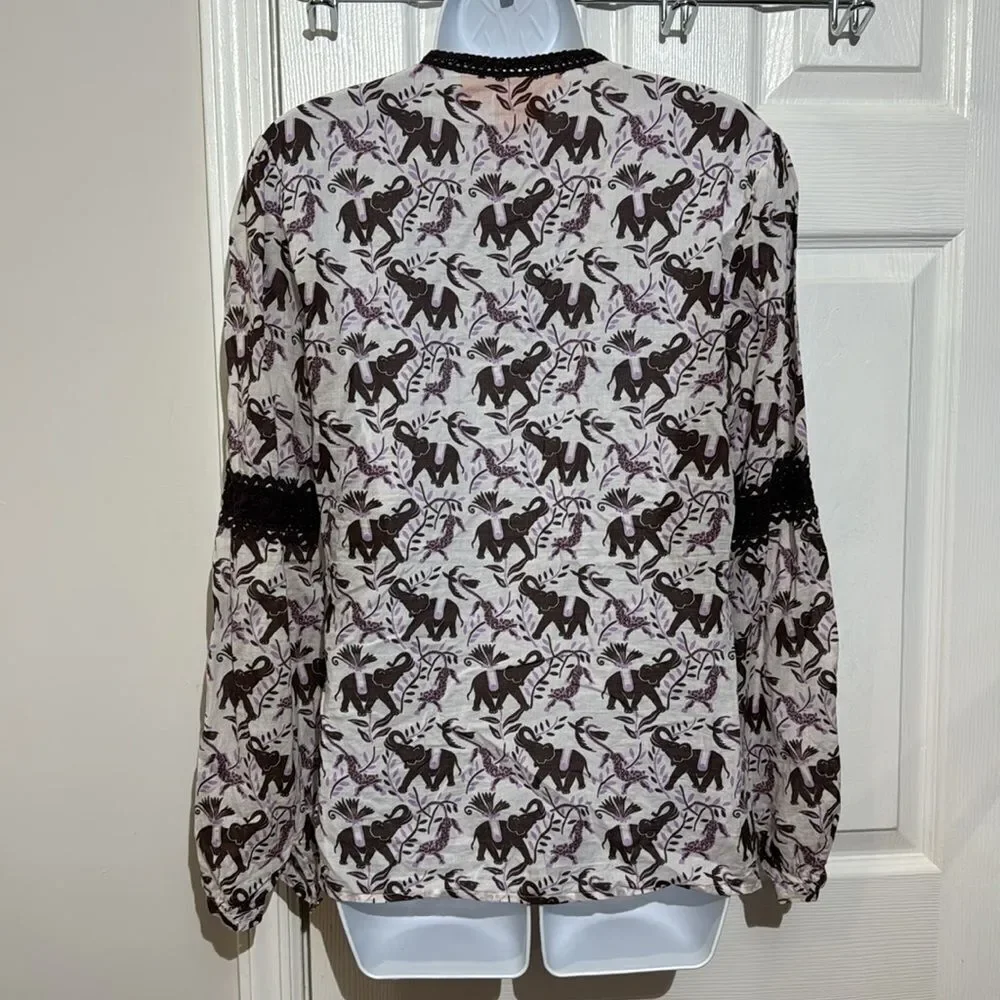 Tory‎ Burch Women’s Long Sleeve Tie Front Cotten Elephant Print Blouse size 8